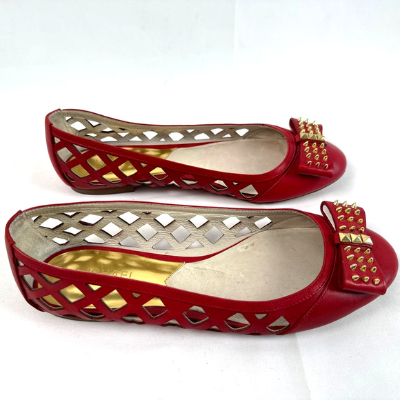 MICHAEL KORS Size 8M LARISSA Red Leather Cut Out Flats w/ Studded Bows Shoes - Picture 1 of 10